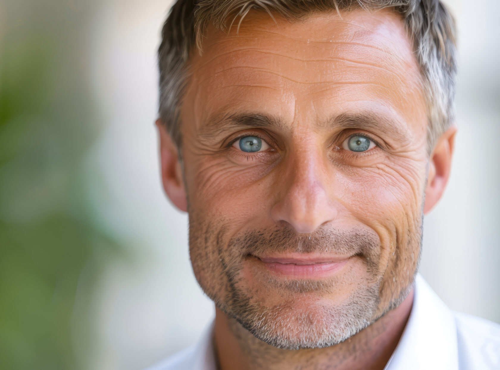 A close-up of a person in a white shirt against a green plant backdrop. .
